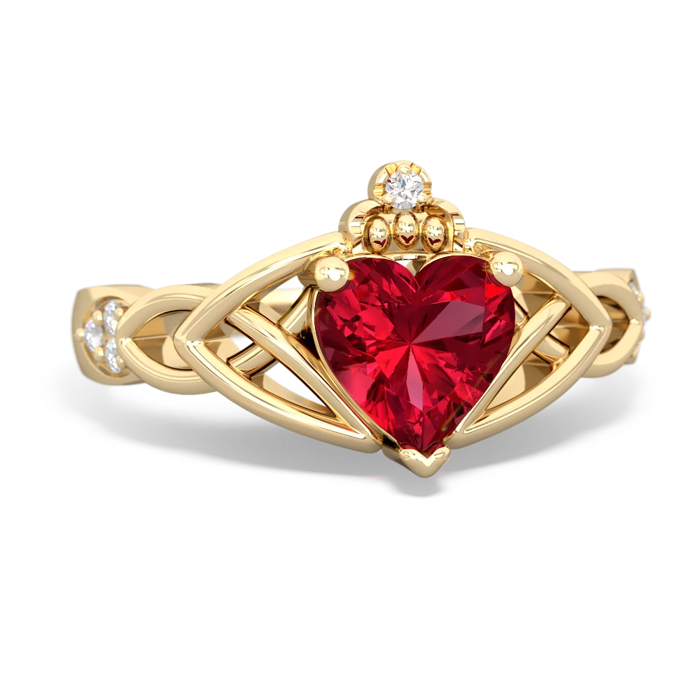 Lab Ruby Claddagh Celtic Knot Diamond 14K Yellow Gold ring R5001