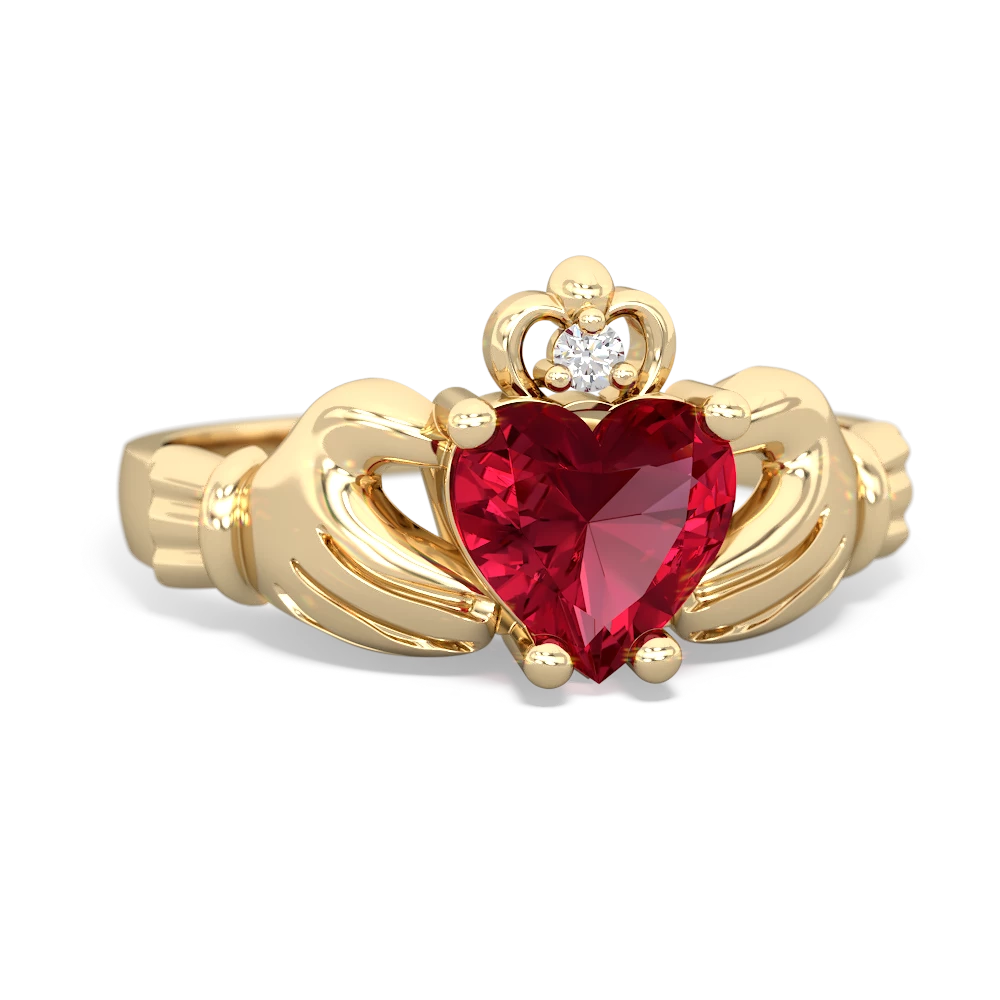 Lab Ruby Claddagh Diamond Crown 14K Yellow Gold ring R2372