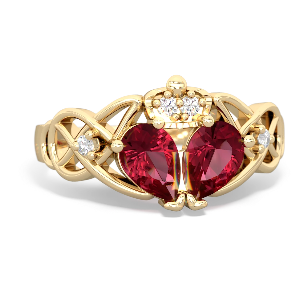 Lab Ruby 'One Heart' Celtic Knot Claddagh 14K Yellow Gold ring R5322