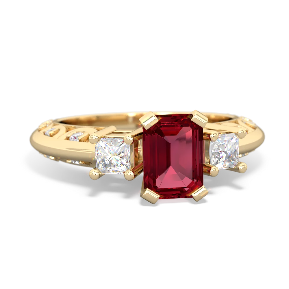 Lab Ruby Art Deco Diamond 7X5 Emerald-Cut Engagement 14K Yellow Gold ring R20017EM