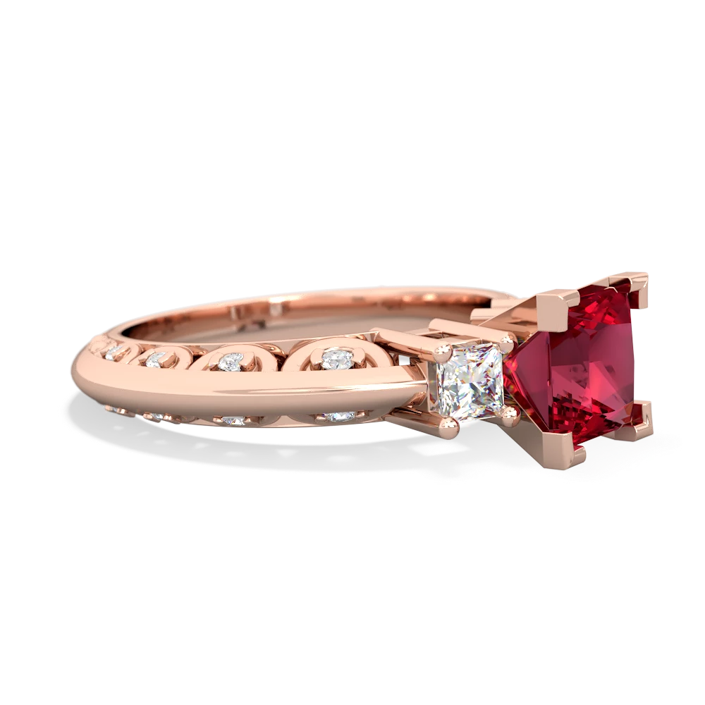 Lab Ruby Art Deco Diamond Engagement 6Mm Princess 14K Rose Gold ring R2001