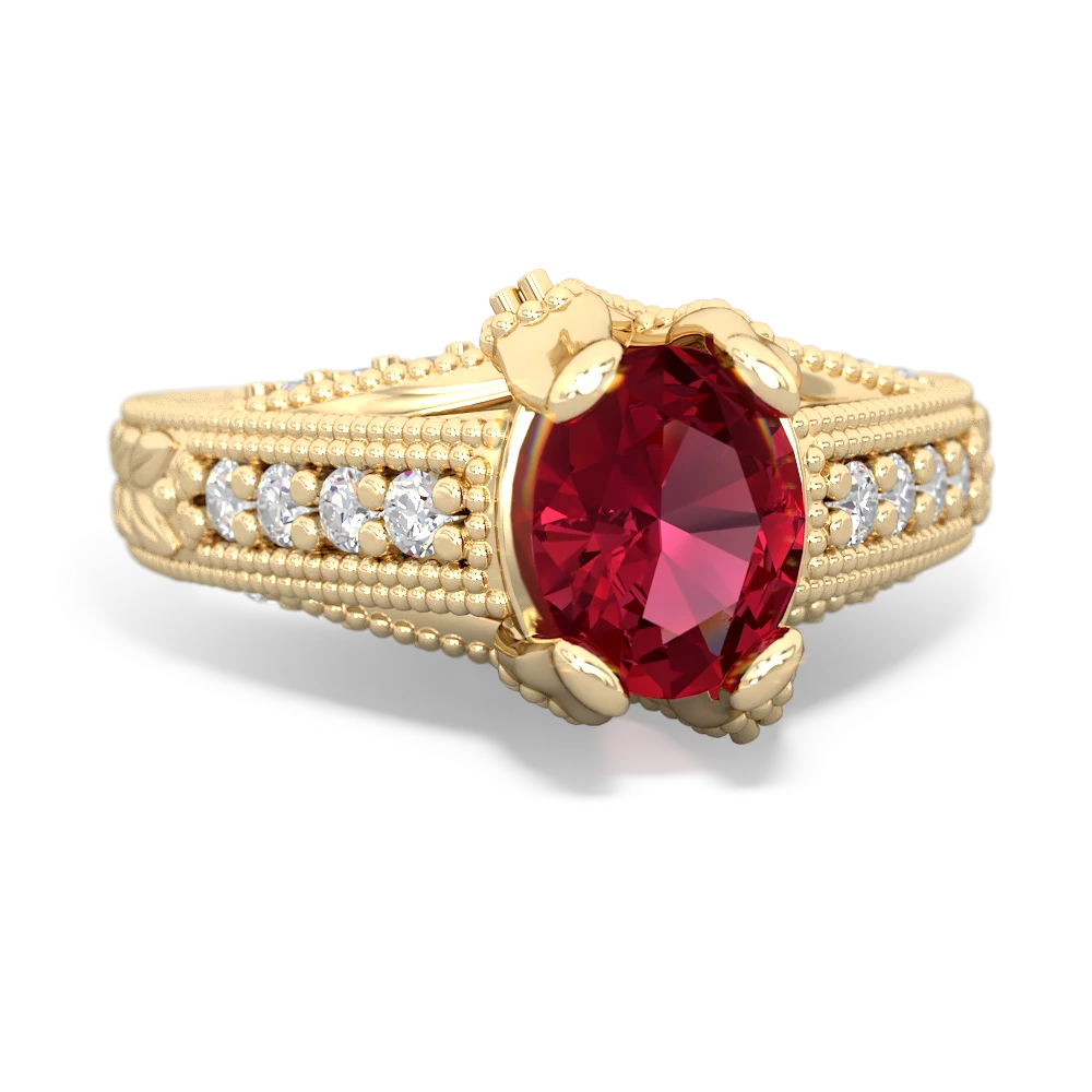 Lab Ruby Antique Style Milgrain Diamond 14K Yellow Gold ring R2028