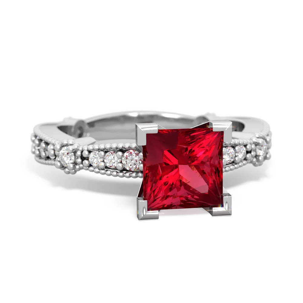 Lab Ruby Sparkling Tiara 6Mm Princess 14K White Gold ring R26296SQ