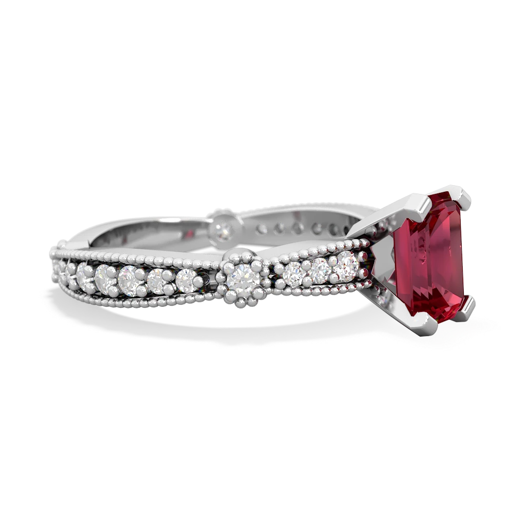 Lab Ruby Sparkling Tiara 7X5mm Emerald-Cut 14K White Gold ring R26297EM