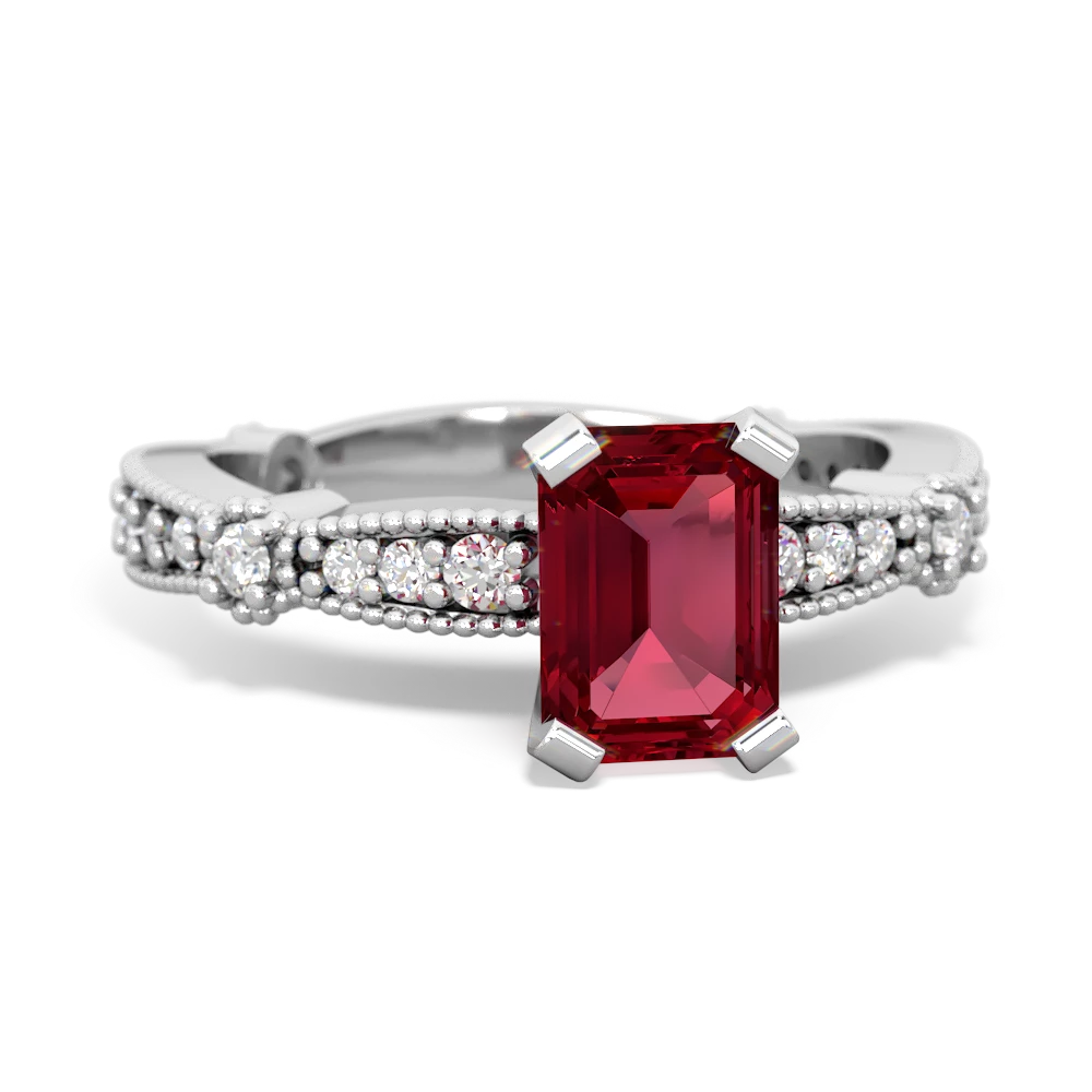 Lab Ruby Sparkling Tiara 7X5mm Emerald-Cut 14K White Gold ring R26297EM