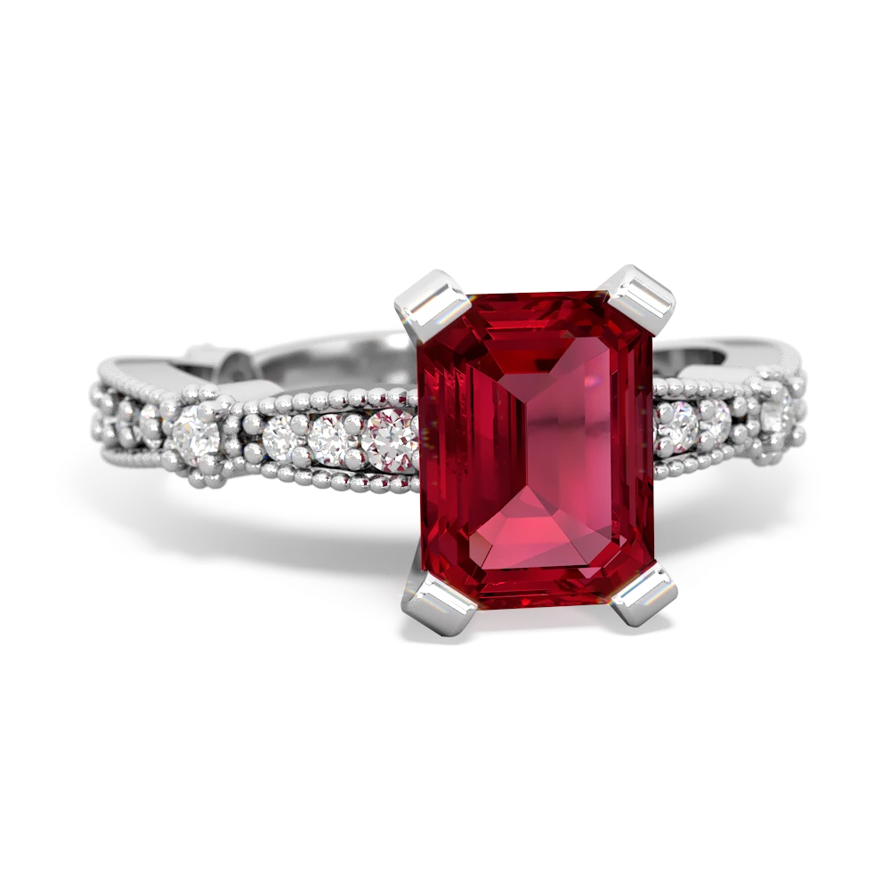 Lab Ruby Sparkling Tiara 8X6 Emerald-Cut 14K White Gold ring R26298EM