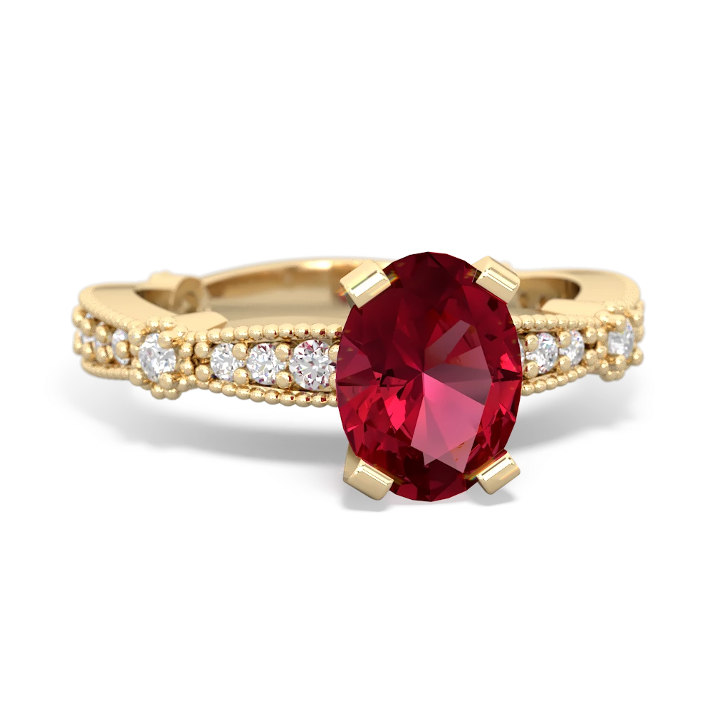 Lab Ruby Sparkling Tiara 8X6 Oval 14K Yellow Gold ring R26298VL