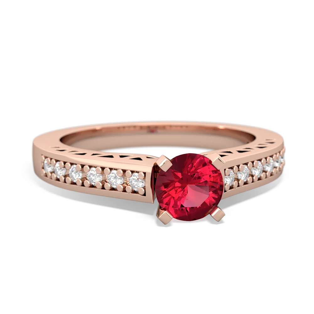 Lab Ruby Art Deco Engagement 5Mm Round 14K Rose Gold ring R26355RD