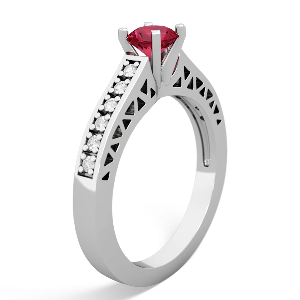 Lab Ruby Art Deco Engagement 5Mm Round 14K White Gold ring R26355RD