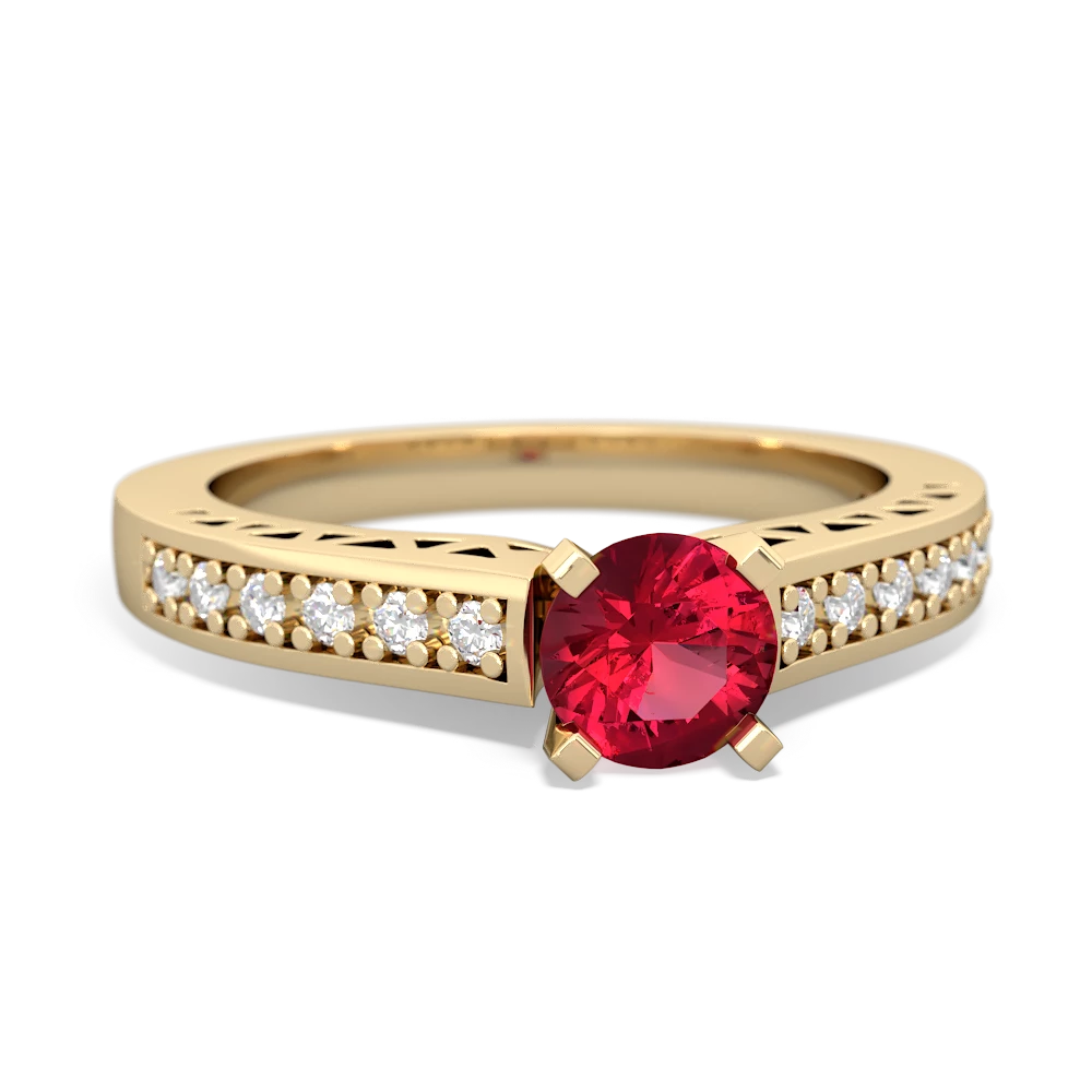 Lab Ruby Art Deco Engagement 5Mm Round 14K Yellow Gold ring R26355RD