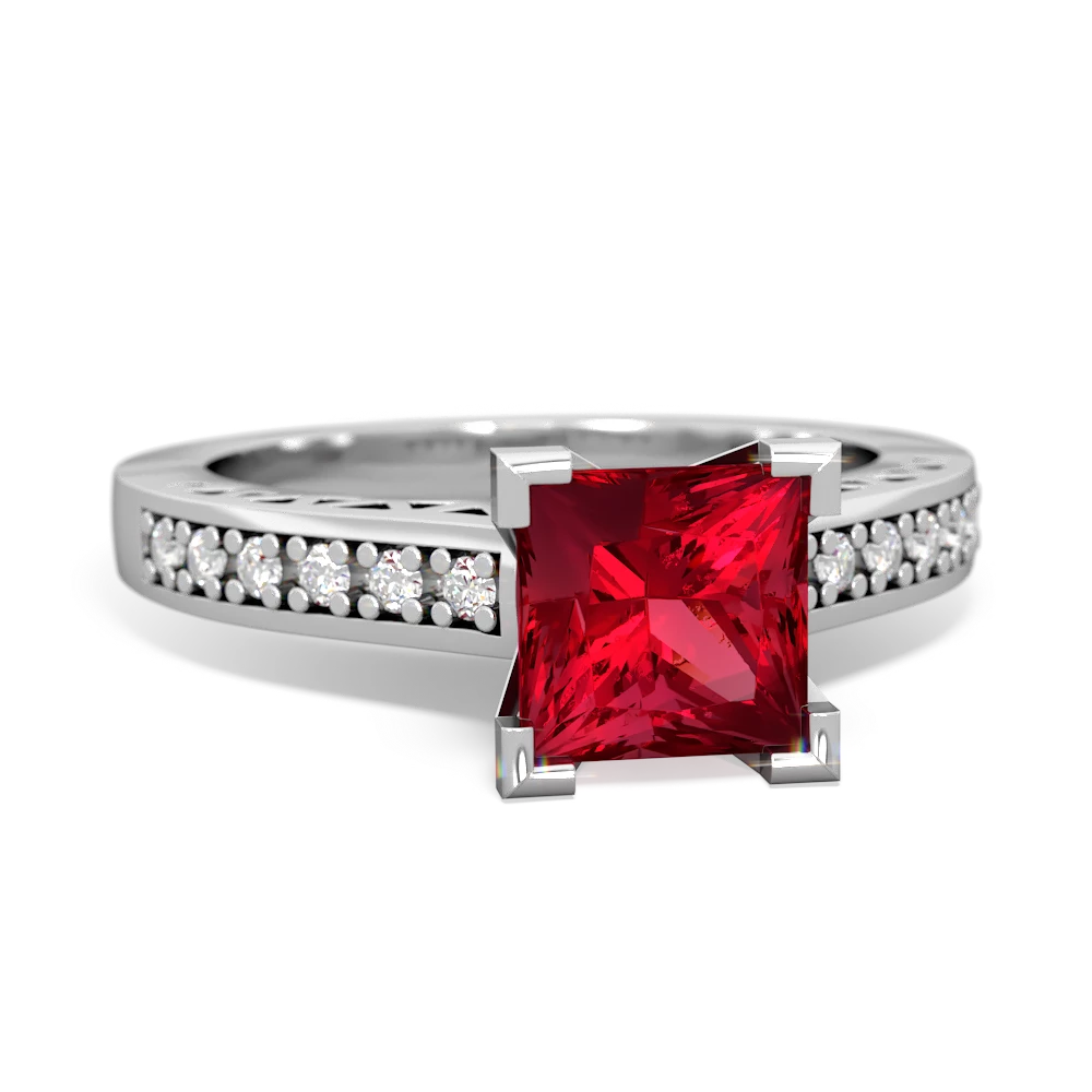 Lab Ruby Art Deco Engagement 6Mm Princess 14K White Gold ring R26356SQ