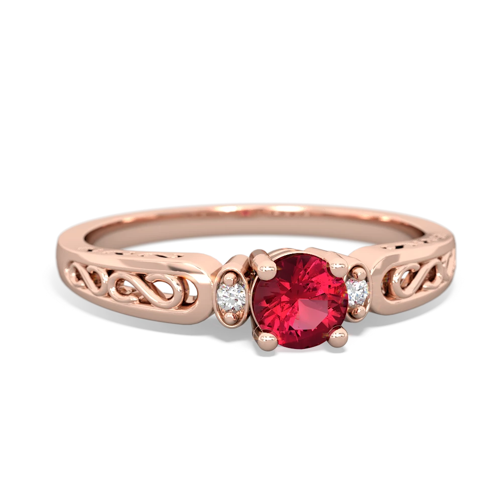 Lab Ruby Filligree Scroll Round 14K Rose Gold ring R0829