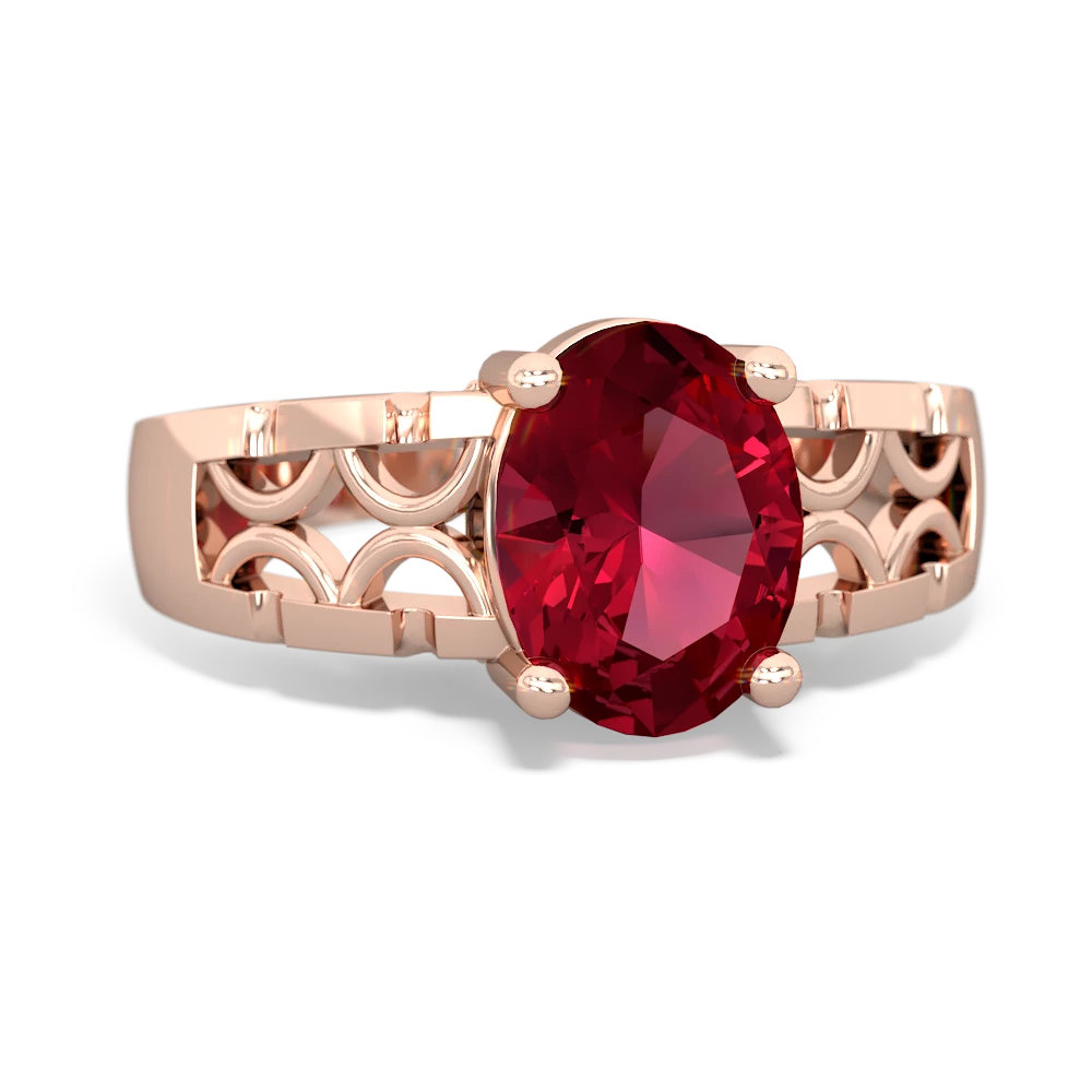 Lab Ruby Art Deco Filigree 14K Rose Gold ring R2322