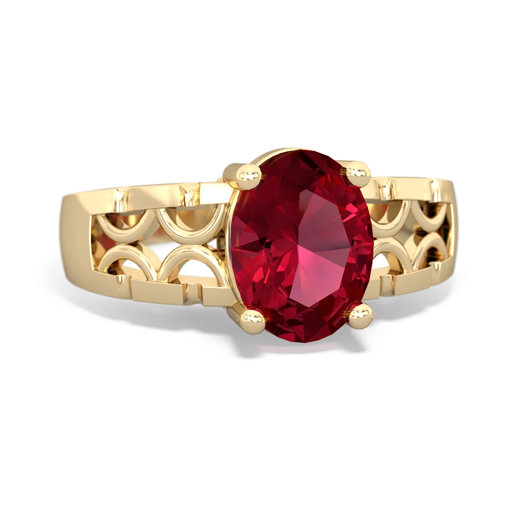 Lab Ruby Art Deco Filigree 14K Yellow Gold ring R2322