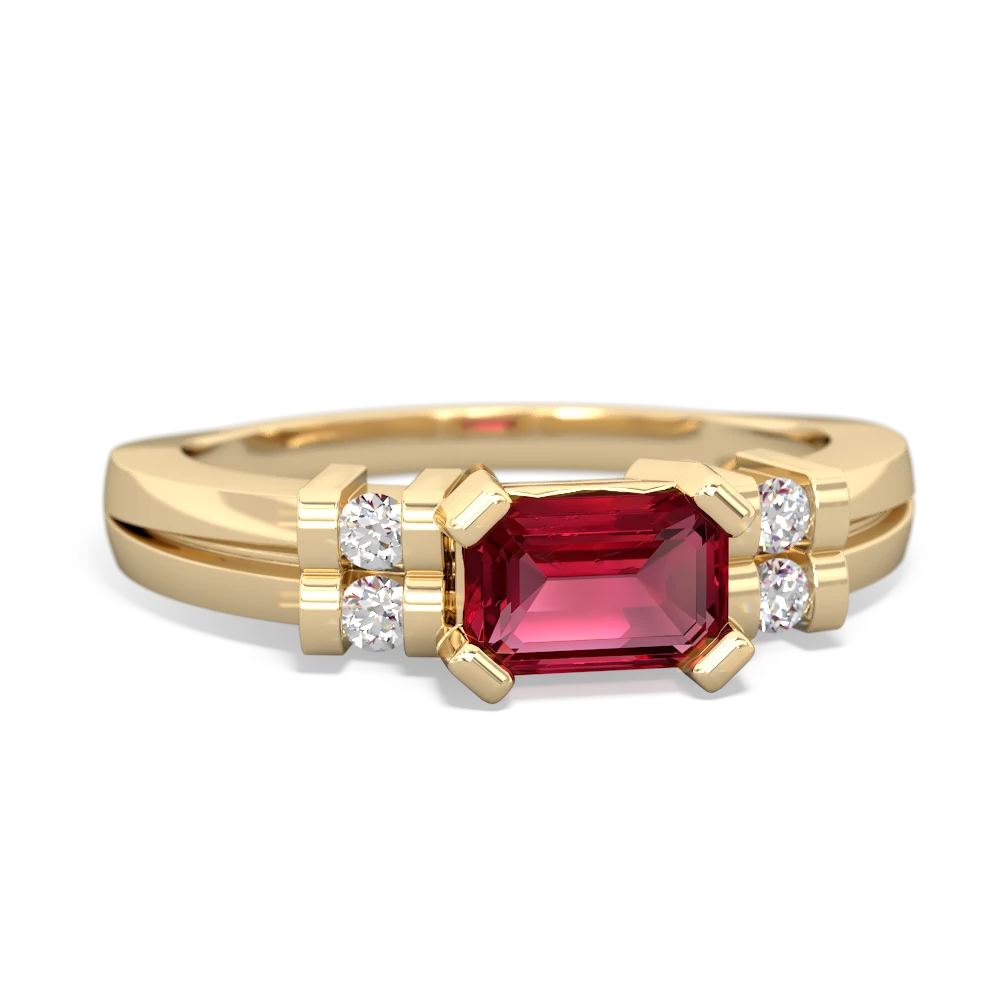 Lab Ruby Art Deco East-West 14K Yellow Gold ring R2590