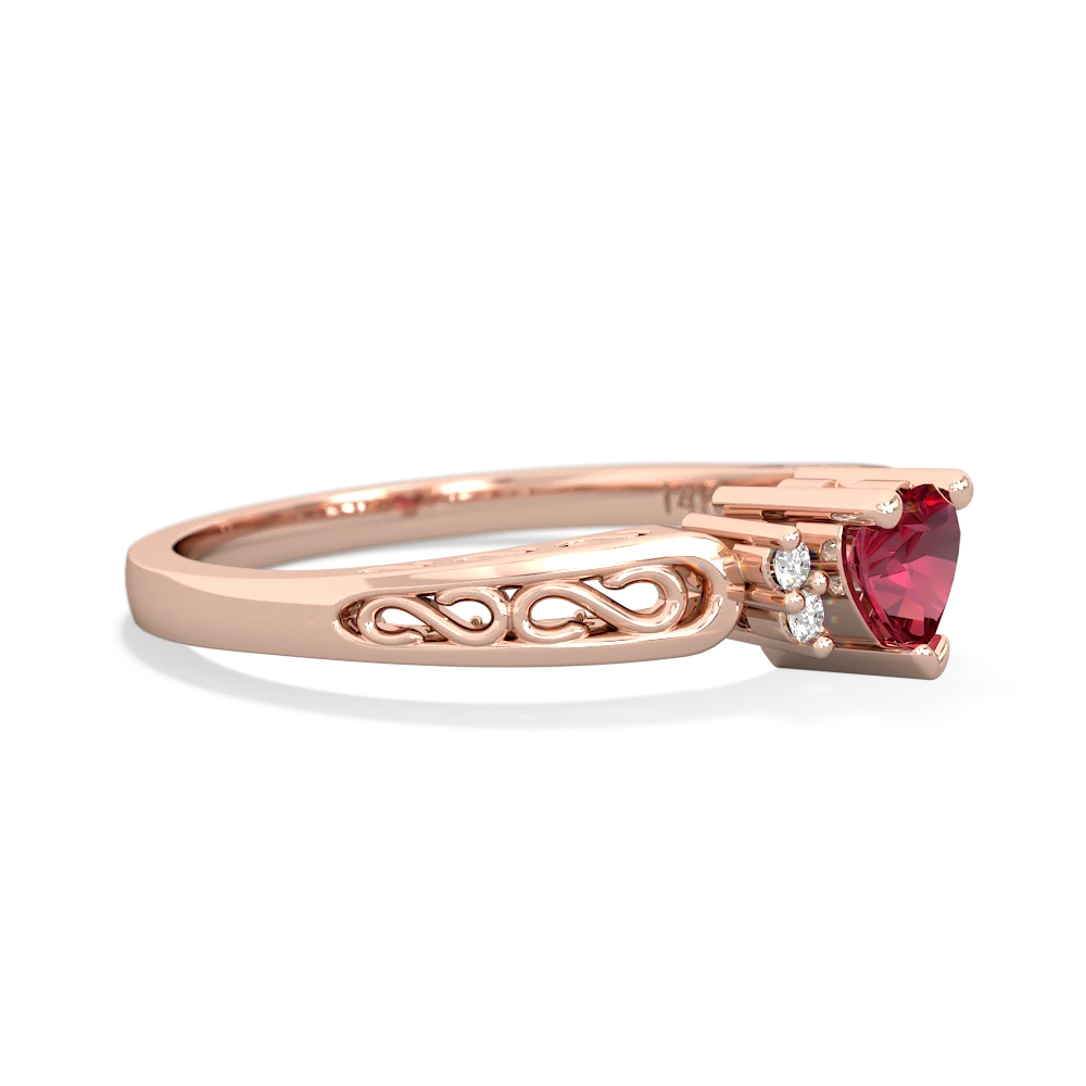 Lab Ruby Filligree Scroll Heart 14K Rose Gold ring R2429