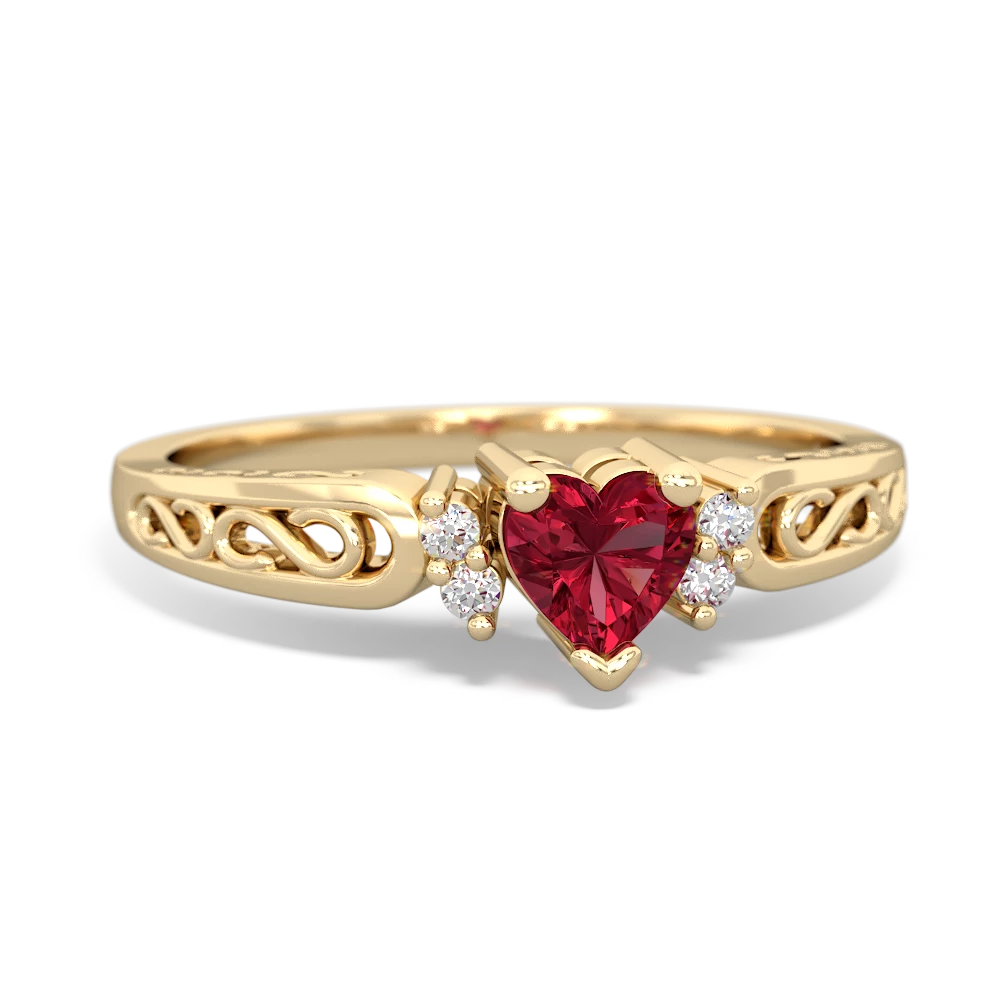 Lab Ruby Filligree Scroll Heart 14K Yellow Gold ring R2429