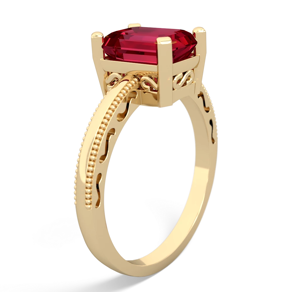 Lab Ruby Milgrain Scroll 14K Yellow Gold ring R2338