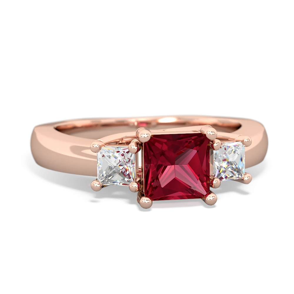 Lab Ruby Three Stone Trellis 14K Rose Gold ring R4015