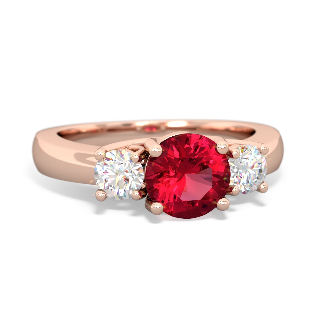 Lab Ruby Diamond Three Stone Round Trellis 14K Rose Gold ring R4018