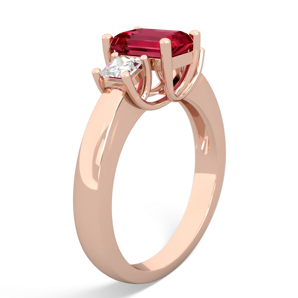 Lab Ruby Diamond Three Stone Emerald-Cut Trellis 14K Rose Gold ring R4021