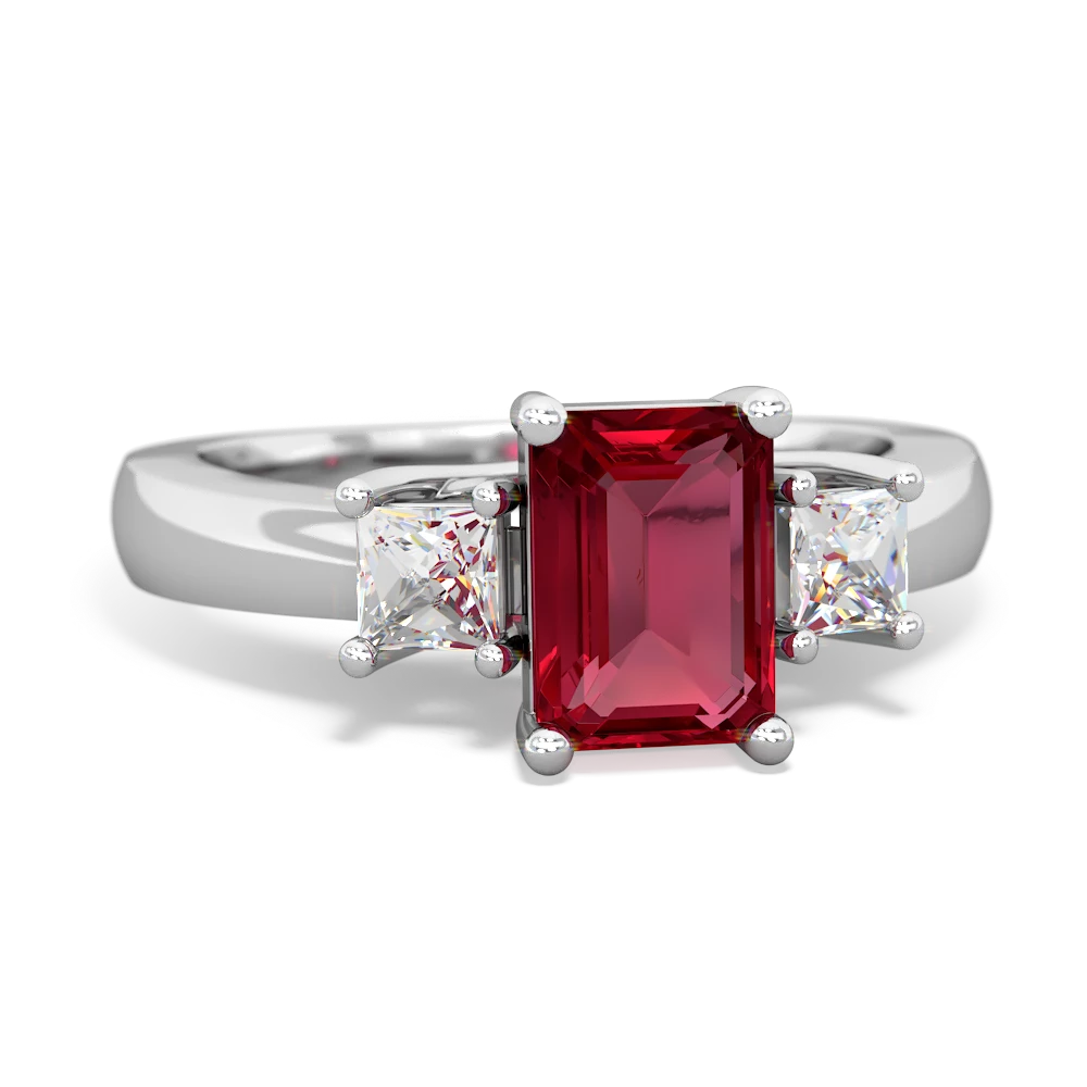 Lab Ruby Diamond Three Stone Emerald-Cut Trellis 14K White Gold ring R4021