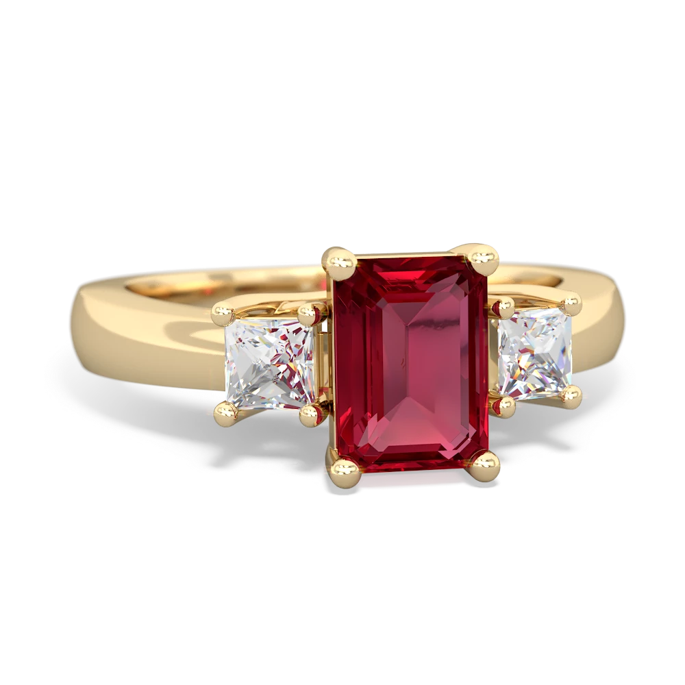 Lab Ruby Diamond Three Stone Emerald-Cut Trellis 14K Yellow Gold ring R4021