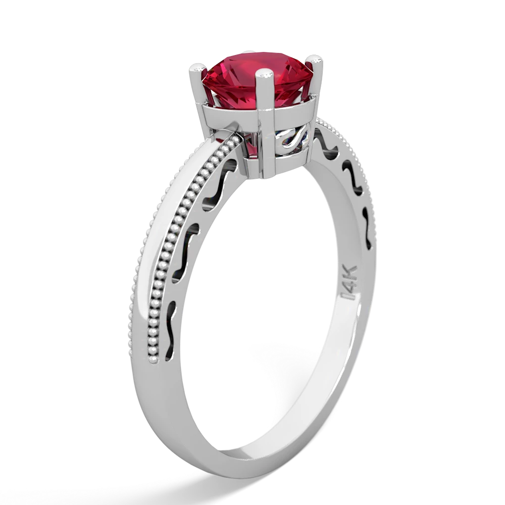 Lab Ruby Milgrain Filigree 14K White Gold ring R5090