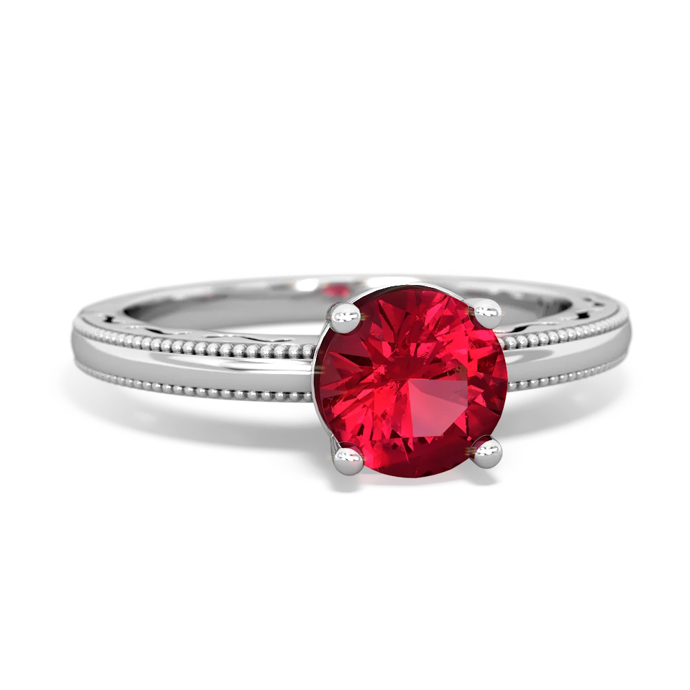 Lab Ruby Milgrain Filigree 14K White Gold ring R5090