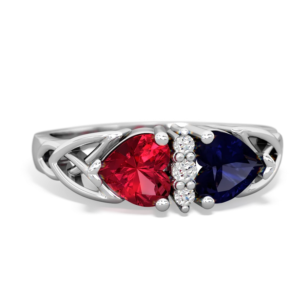 Lab Ruby Celtic Knot Double Heart 14K White Gold ring R5040