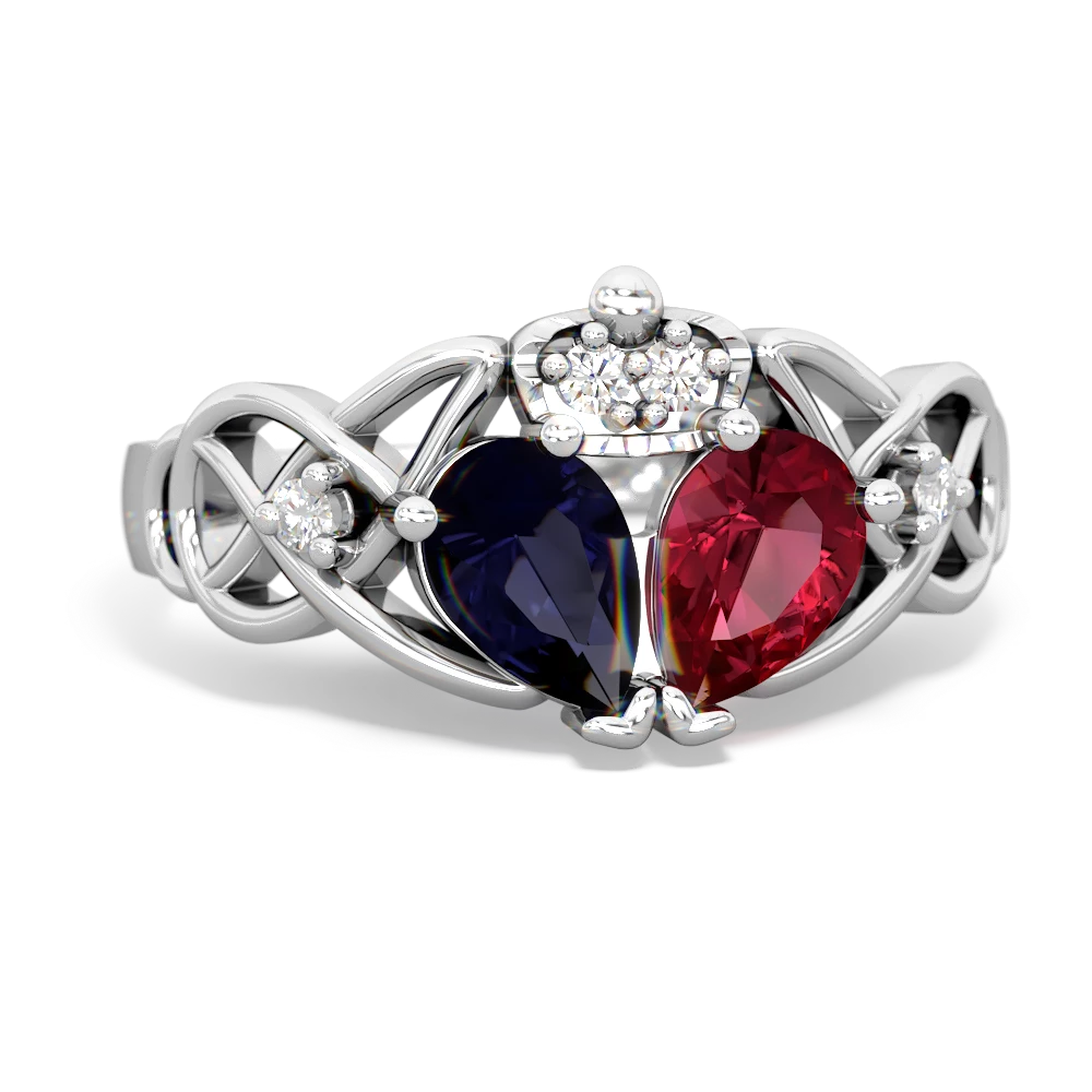 Lab Ruby 'One Heart' Celtic Knot Claddagh 14K White Gold ring R5322