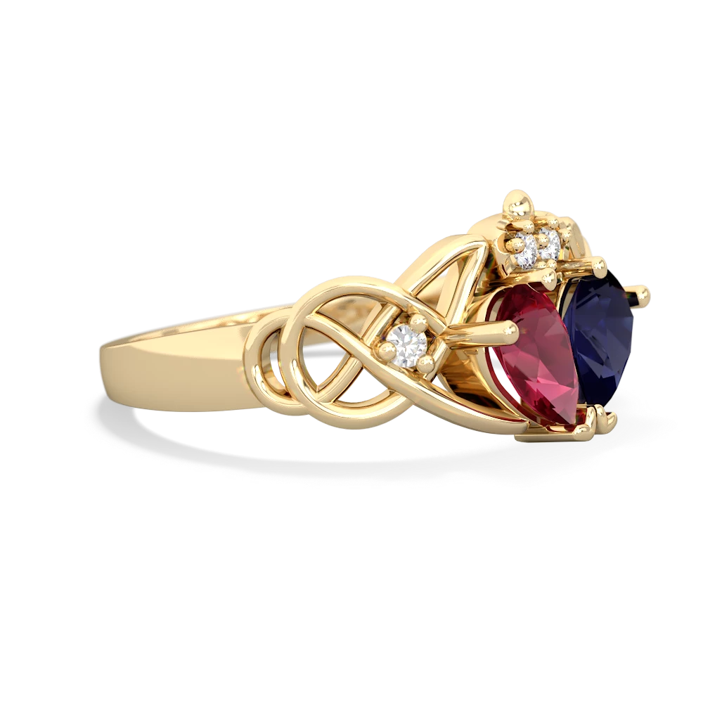 Lab Ruby 'One Heart' Celtic Knot Claddagh 14K Yellow Gold ring R5322