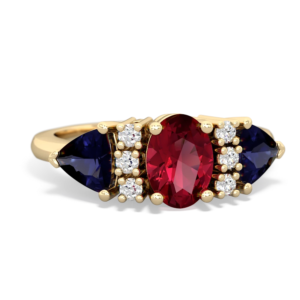 Lab Ruby Antique Style Three Stone 14K Yellow Gold ring R2186