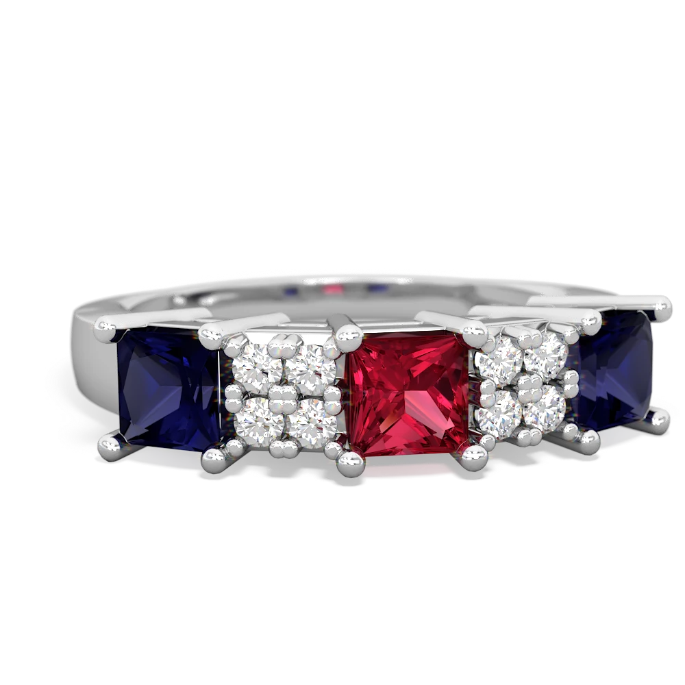 Lab Ruby Three Stone Diamond Cluster 14K White Gold ring R2592