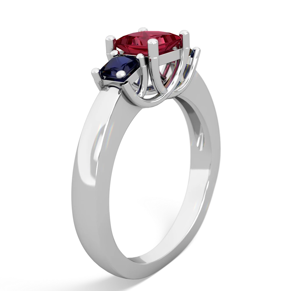 Lab Ruby Three Stone Trellis 14K White Gold ring R4015