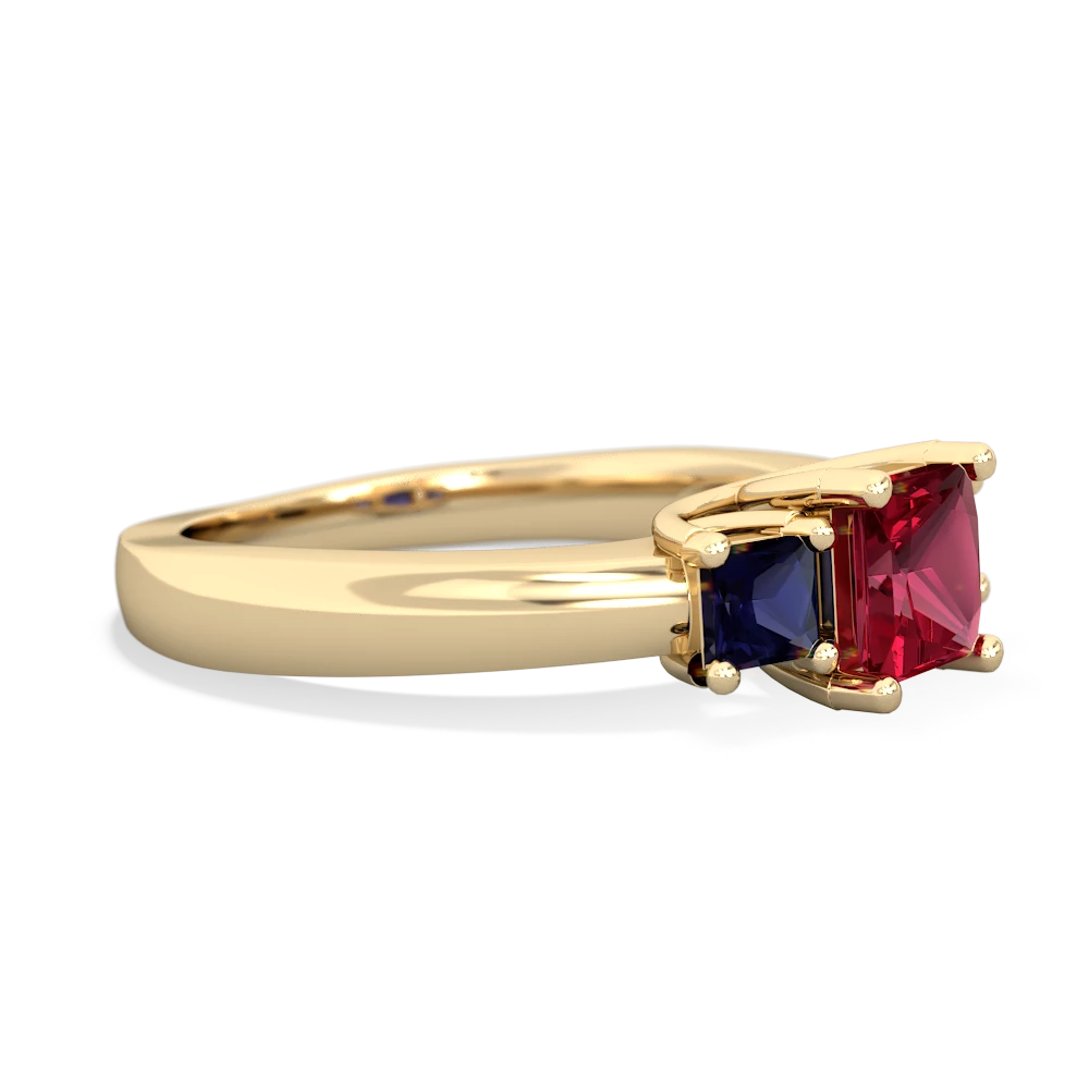 Lab Ruby Three Stone Trellis 14K Yellow Gold ring R4015