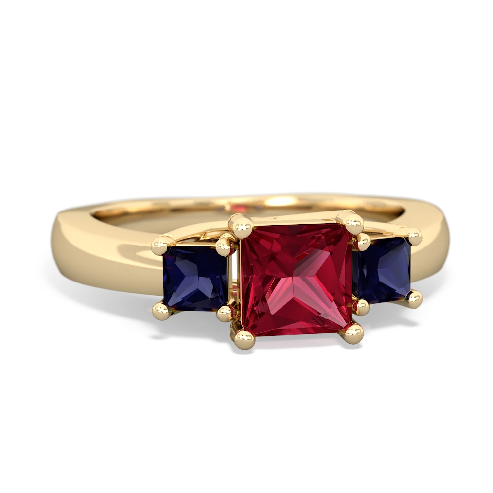 Lab Ruby Three Stone Trellis 14K Yellow Gold ring R4015