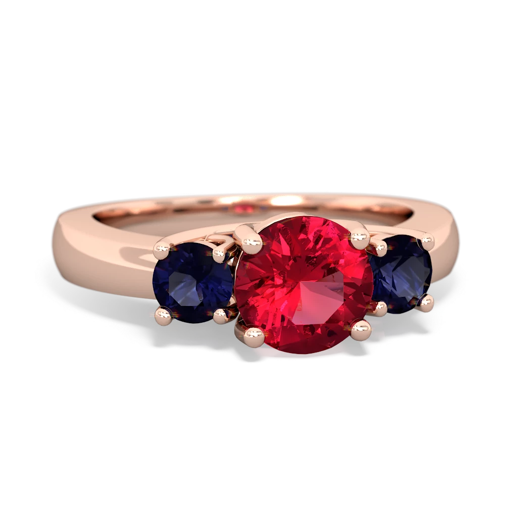 Lab Ruby Three Stone Round Trellis 14K Rose Gold ring R4018