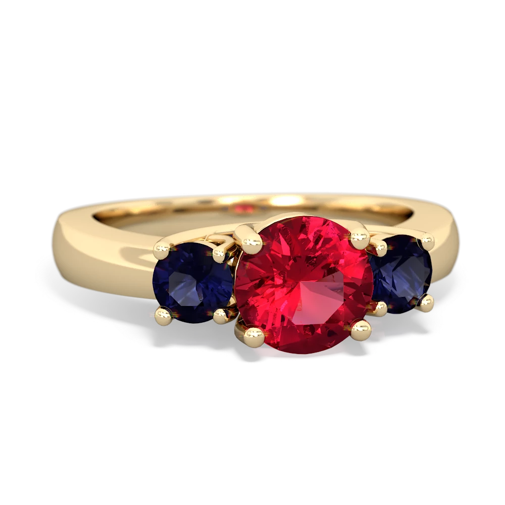 Lab Ruby Three Stone Round Trellis 14K Yellow Gold ring R4018