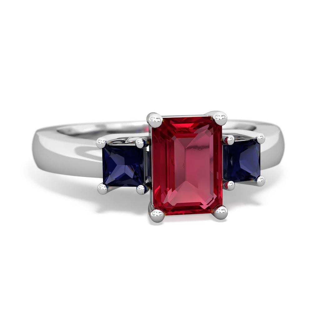 Lab Ruby Three Stone Emerald-Cut Trellis 14K White Gold ring R4021