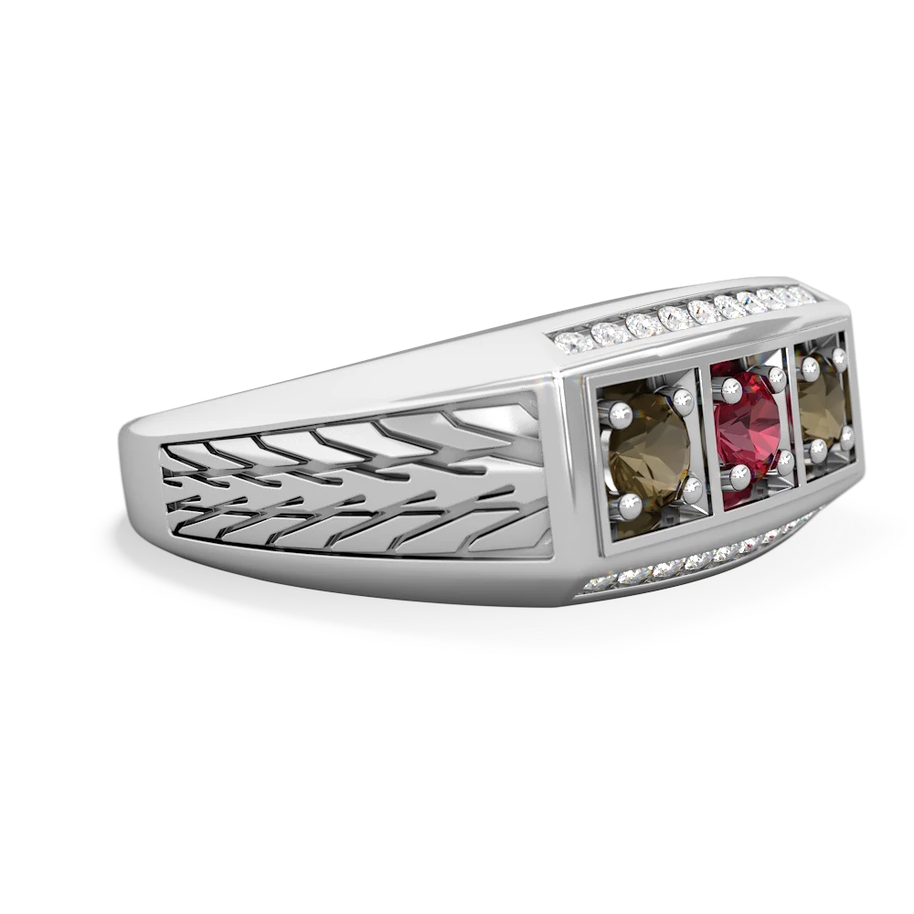 Lab Ruby Three Stone Tire Tread Men's 14K White Gold ring R0520