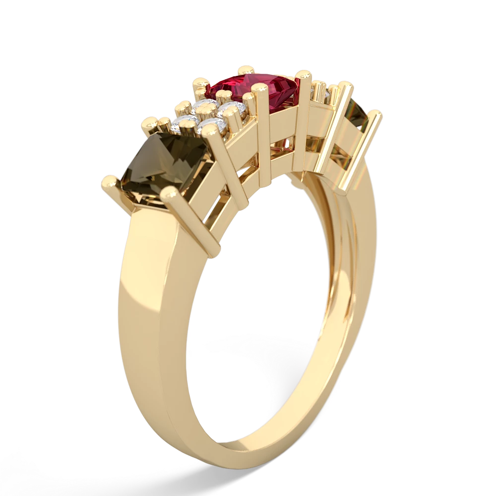 Lab Ruby Three Stone Diamond Cluster 14K Yellow Gold ring R2592