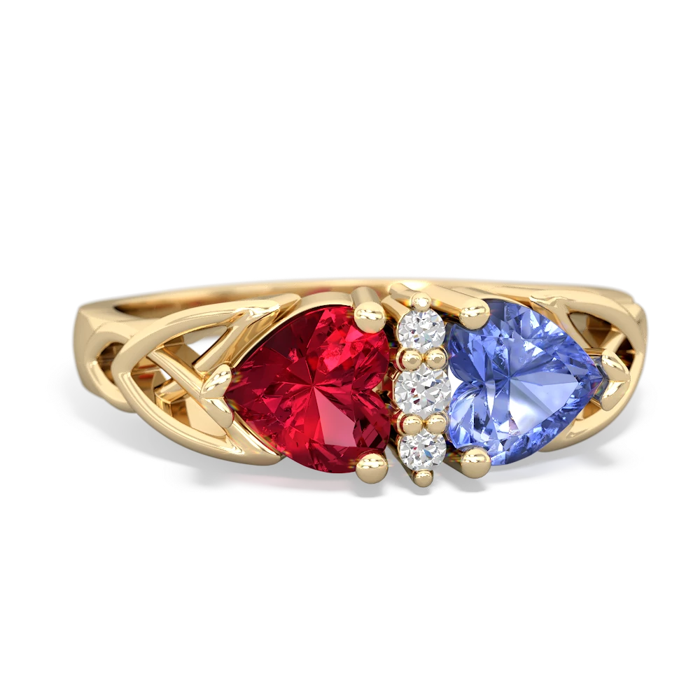 Lab Ruby Celtic Knot Double Heart 14K Yellow Gold ring R5040