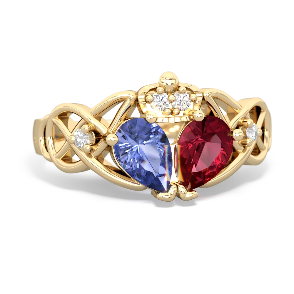 Lab Ruby 'One Heart' Celtic Knot Claddagh 14K Yellow Gold ring R5322