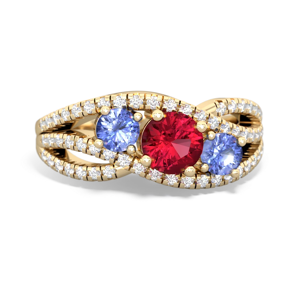 Lab Ruby Three Stone Aurora 14K Yellow Gold ring R3080