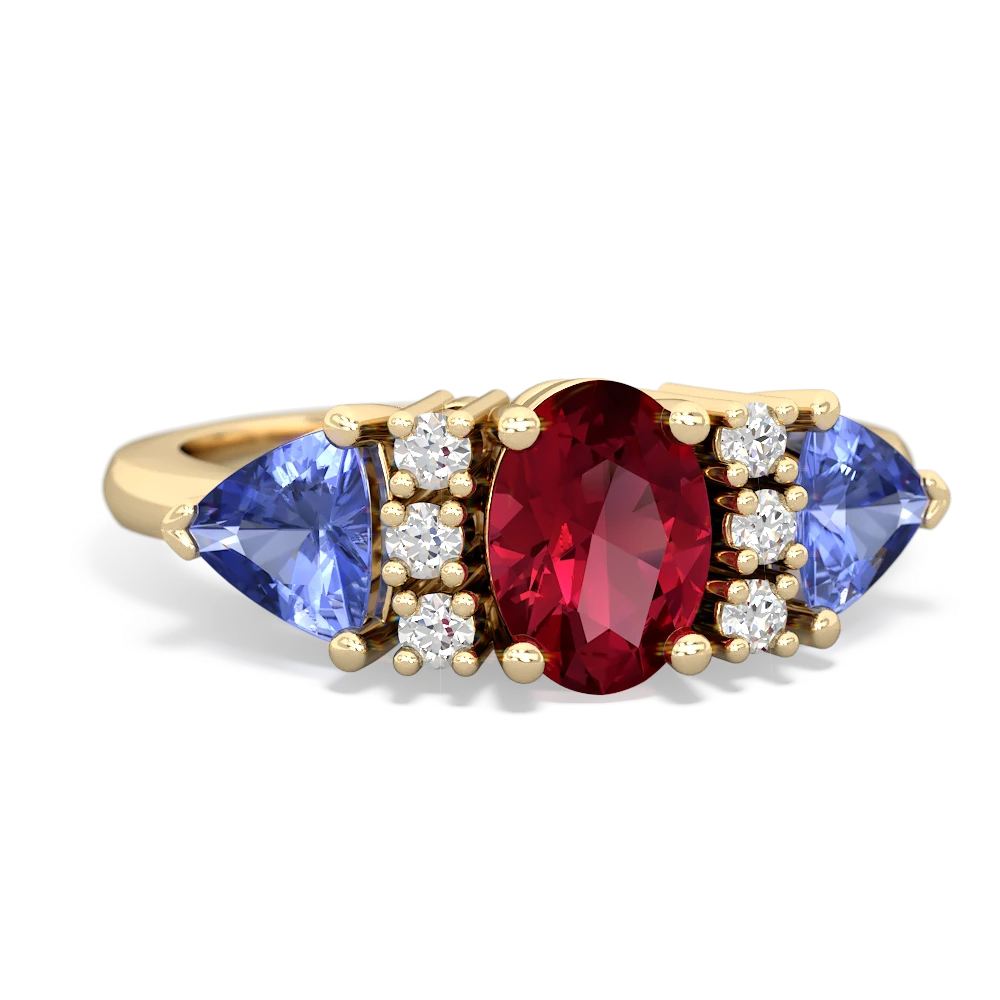 Lab Ruby Antique Style Three Stone 14K Yellow Gold ring R2186