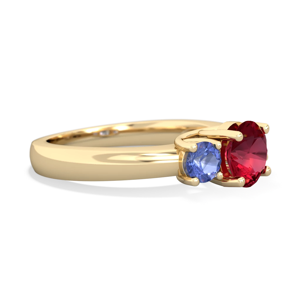 Lab Ruby Three Stone Round Trellis 14K Yellow Gold ring R4018