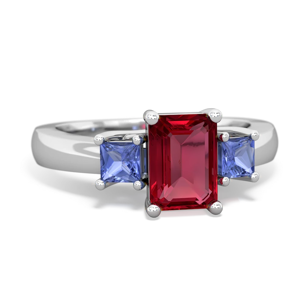 Lab Ruby Three Stone Emerald-Cut Trellis 14K White Gold ring R4021