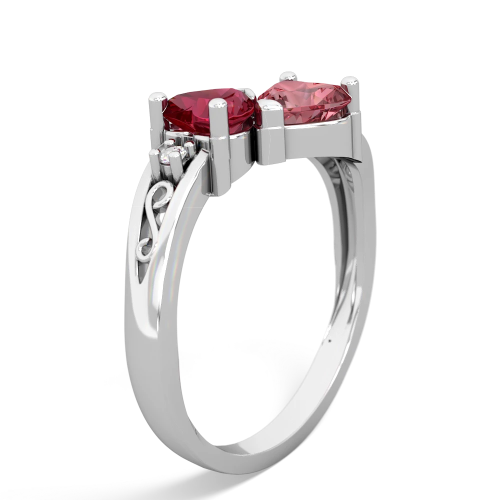 Lab Ruby Snuggling Hearts 14K White Gold ring R2178