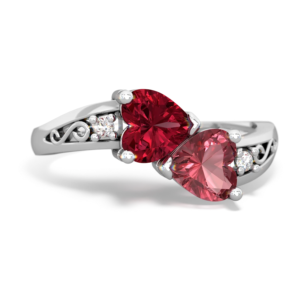 Lab Ruby Snuggling Hearts 14K White Gold ring R2178